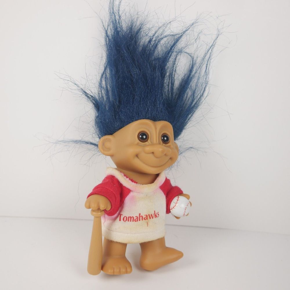 Russ Troll Doll Baseball Tomahawks Blue Hair MLB 5" VTG White Red Jersey